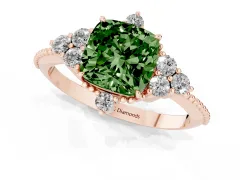 Fancy Green Cushion Cut Diamond Cluster Ring Set in Rose gold with Beaded Band