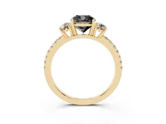 Fancy Black Cushion Cut Diamond Three-Stone Ring Set in Yellow gold with Pavé Band and Graduated Sides