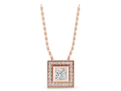 Princess Cut Square Halo Pendant Set in Rose gold with Bezel Setting and Side Detail