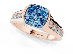 Fancy Blue Cushion Cut Diamond Bezel-Set Solitaire Ring Set in Rose gold with Channel-Set Band