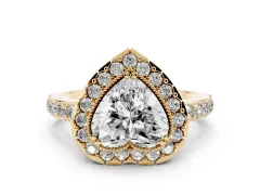 Heart Cut Diamond Halo Ring Set in Yellow gold with Pavé Shank and Prong Setting