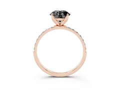 Fancy Black Round Cut Diamond Solitaire Engagement Ring Set in Rose gold with Round Pavé Band and Prong Setting