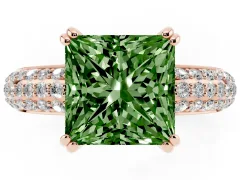 Fancy Green Princess Cut Diamond Solitaire Ring Set in Rose gold with Multi-Row Round Pavé Band and Prong Setting
