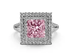 Fancy Pink Princess Cut Diamond Double Halo Ring Set in White gold with Pavé Band
