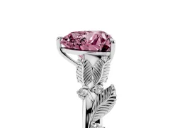Fancy Pink Heart Cut Diamond Solitaire Ring Set in Platinum with Leaf Motif Band