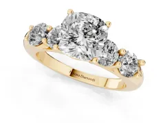Cushion Cut Diamond Five-Stone Prong Set Ring Set in Yellow gold with Classic Band