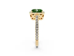 Fancy Green Radiant Cut Diamond Halo Ring Set in Yellow gold with Pavé Shoulders and Halo-Framed Center