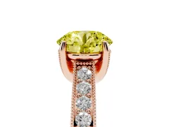 Fancy Yellow Round Cut Diamond Solitaire Ring Set in Rose gold with Milgrain-Edged Pavé Band and Prong Setting