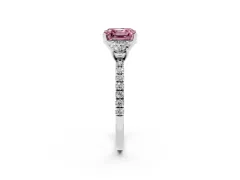 Fancy Pink Asscher Cut Diamond Three-Stone Ring Set in Platinum with Pavé Band and Graduated Sides
