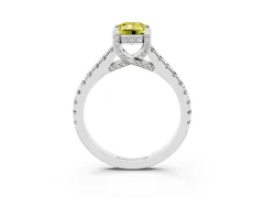 Fancy Yellow Emerald Cut Diamond Solitaire Ring Set in White gold with Brilliant Pavé Band and Prong Setting