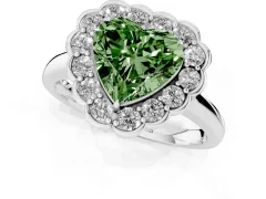 Fancy Green Heart Cut Diamond Halo Cluster Engagement Ring Set in Silver with Solitaire Band and Prong Setting