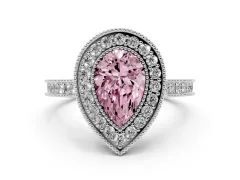 Fancy Pink Pear Cut Diamond Halo Milgrain Pavé Band Ring Set in White gold with Prong Setting