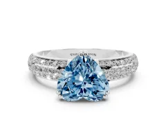 Fancy Blue Heart Cut Diamond Solitaire Ring Set in Silver with Multi-Row Round Pavé Band and Prong Setting