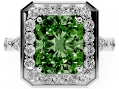 Fancy Green Radiant Cut Diamond Halo Engagement Ring Set in Platinum with Twisted Band and Prong Setting
