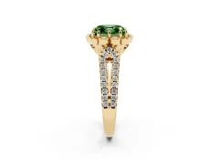 Fancy Green Asscher Cut Diamond Floral Halo Split Shank Engagement Ring Set in Yellow gold with Pavé Shank