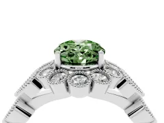 Fancy Green Oval Cut Diamond Solitaire Ring Set in White gold with Milgrain Pavé Heart Band
