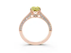 Fancy Yellow Oval Cut Diamond Solitaire Ring Set in Rose gold with Milgrain-Edged Pavé Band and Prong Setting