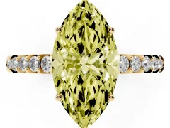 Fancy Yellow Marquise Cut Diamond Solitaire Engagement Ring Set in Yellow gold with Pavé Band and Prong Setting