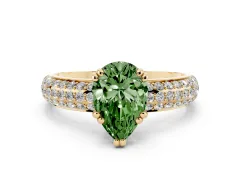 Fancy Green Pear Cut Diamond Solitaire Ring Set in Yellow gold with Multi-Row Round Pavé Band and Prong Setting