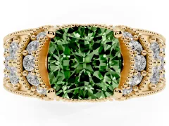 Fancy Green Cushion Cut Diamond Milgrain Halo Pavé Engagement Ring Set in Yellow gold with Prong Setting