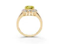 Fancy Yellow Princess Cut Diamond Milgrain Halo Solitaire Ring Set in Yellow gold with Bezel Set Side Stones and Pavé Band