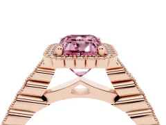 Fancy Pink Radiant Cut Diamond Halo Ring Set in Rose gold with Pavé Milgrain Band