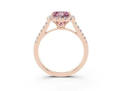 Fancy Pink Princess Cut Diamond Pavé Halo Engagement Ring Set in Rose gold with Pavé Band and Prong Setting