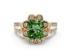 Fancy Green Radiant Cut Diamond Floral Halo Split Shank Engagement Ring Set in Yellow gold with Pavé Shank