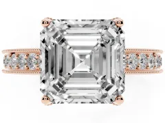 Asscher Cut Diamond Solitaire Ring Set in Rose gold with Milgrain-Edged Pavé Band and Prong Setting