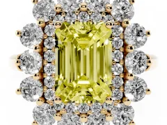 Fancy Yellow Emerald Cut Diamond Floral Double Halo Ring Set in Yellow gold with Round Petals
