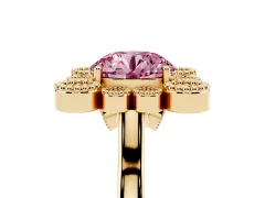 Fancy Pink Round Cut Diamond Cluster Halo Ring Set in Yellow gold with Milgrain Bezel Accents and Plain Band