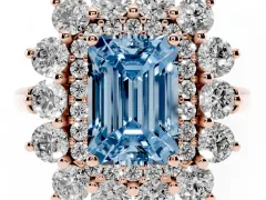 Fancy Blue Emerald Cut Diamond Floral Double Halo Ring Set in Rose gold with Round Petals