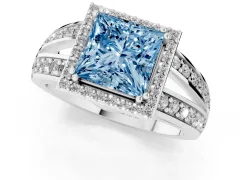 Fancy Blue Princess Cut Diamond Halo Ring Set in White gold with Double Pavé Split Shank