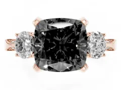 Fancy Black Cushion Cut Diamond Three-Stone Ring Set in Rose gold with Pavé Band and Smaller Side Stones