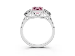 Fancy Pink Asscher Cut Diamond Three-Stone Ring Set in White gold with Pavé Band