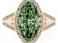 Fancy Green Marquise Cut Diamond Halo Split Shank Pavé Ring Set in Yellow gold with Prong Setting