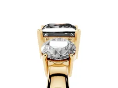 Fancy Black Princess Cut Diamond Three-Stone Ring Set in Yellow gold with Round Side Stones and Classic Band