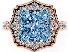Fancy Blue Princess Cut Diamond Halo Engagement Ring Set in Rose gold with Milgrain Band and Prong Setting
