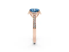 Fancy Blue Radiant Cut Diamond Halo Ring Set in Rose gold with Channel Set Band and Prong Setting