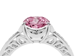 Fancy Pink Cushion Cut Diamond Halo Ring Set in Platinum with Channel Set Band and Prong Setting