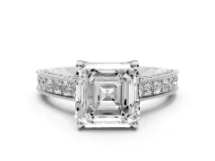 Asscher Cut Diamond Solitaire Ring Set in White gold with Milgrain-Edged Pavé Band and Prong Setting