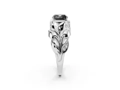 Fancy Black Cushion Cut Diamond Leaf-Inspired Engagement Ring Set in Silver with Round Accents