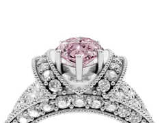 Fancy Pink Marquise Cut Diamond Milgrain Halo Pavé Engagement Ring Set in White gold with Prong Setting