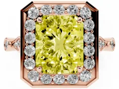 Fancy Yellow Radiant Cut Diamond Halo Engagement Ring Set in Rose gold with Twisted Band and Prong Setting