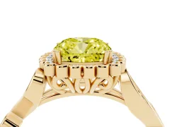 Fancy Yellow Cushion Cut Diamond Halo Ring Set in Yellow gold with Leaf Motif Split Shank and Prong Setting