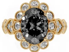 Fancy Black Oval Cut Diamond Solitaire Ring Set in Yellow gold with Milgrain Pavé Heart Band