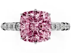 Fancy Pink Cushion Cut Diamond Solitaire Engagement Ring Set in White gold with Pavé Band and Prong Setting