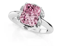 Fancy Pink Radiant Cut Diamond Round Cluster Halo Ring Set in Silver with Solitaire Band and Prong Setting