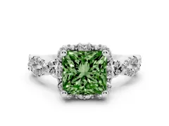 Fancy Green Princess Cut Diamond Halo Twist Band Solitaire Ring Set in White gold with Prong-Set Center Stone
