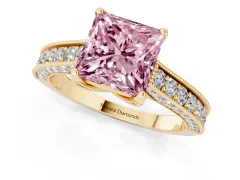 Fancy Pink Princess Cut Diamond Solitaire Ring Set in Yellow gold with Milgrain-Edged Pavé Band and Prong Setting
